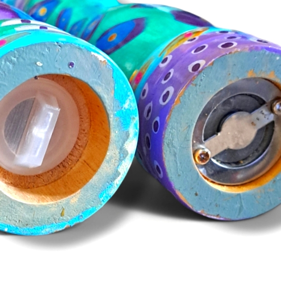 Hand Painted Wooden Salt and Pepper Shakers Blue Purple 10" NEVER USED - Picture 5 of 9